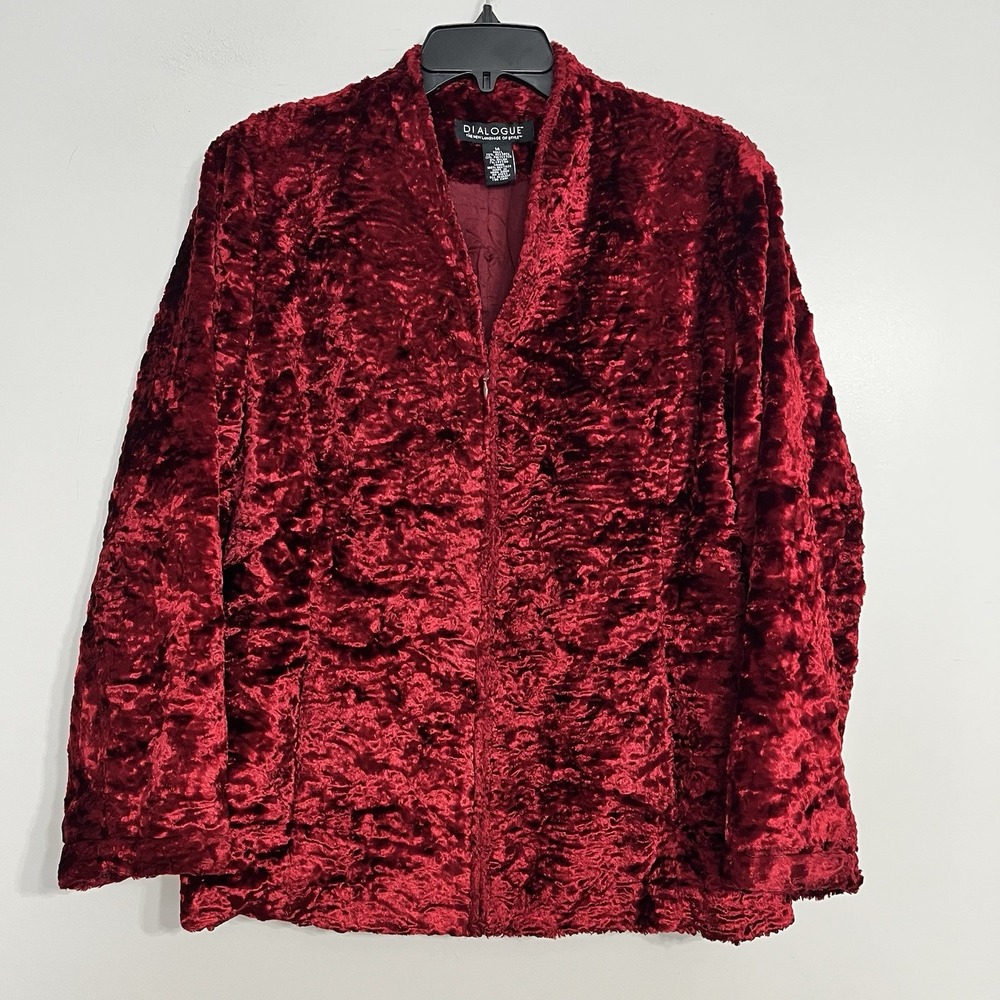 Dialogue Women's Crushed Velvet Bright Red Zip Up Jacket Size 14 Cuffed Sleeves